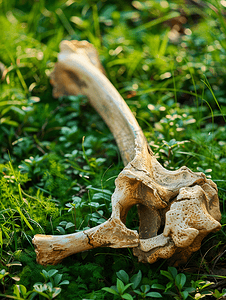 牛肉大骨头摄影照片_一块被啃过的大动物骨头躺在绿草上