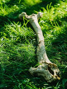 好评奖励摄影照片_一块被啃过的大动物骨头躺在绿草上