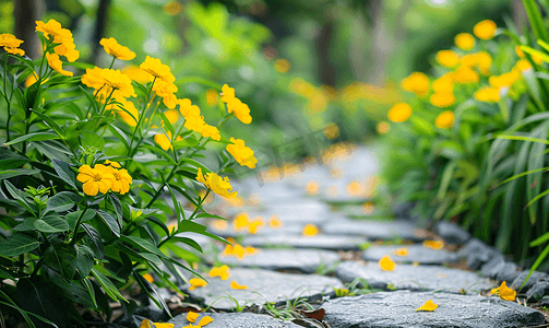 黄色花朵背景摄影照片_有黄色花朵的石质走道花园中的黄色凤凰木