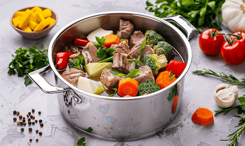 胡萝卜土豆摄影照片_金属汤锅配汤料、蔬菜和肉类