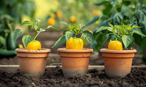 小黄人logo设计摄影照片_小黄墨西哥辣椒生长在陶罐农场有机蔬菜