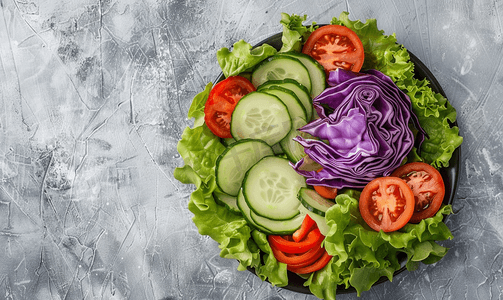 绿色蔬菜背景摄影照片_绿色蔬菜沙拉配番茄紫甘蓝胡萝卜黄瓜和生菜顶视图