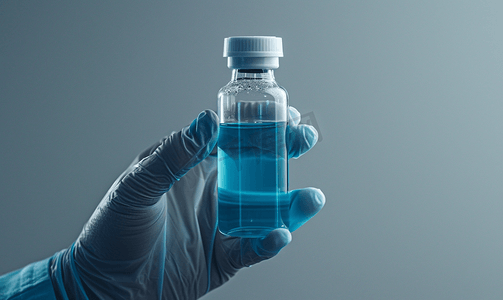 蓝色疫苗摄影照片_一位医生拿着一个装满蓝色液体的小瓶戴着乳胶手套孤立在灰色上