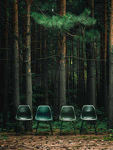 森林树林自然植物摄影照片_松树林背景上三把独特的椅子独特自然的概念符号