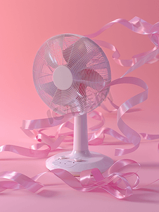 电风扇是白色的粉红色的丝带在粉红色的背景下在风中飘扬
