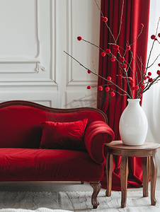 圣诞节花瓶摄影照片_装饰房间配有红色天鹅绒沙发和桌子上的花瓶
