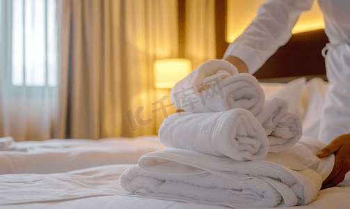 客房服务女服务员将一叠白毛巾放在酒店房间的床上