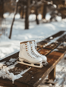 靴子摄影照片_白色花样滑冰鞋躺在棕色木凳上活跃的寒假健康生活方式