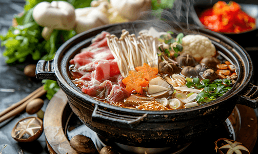 火锅涮菜摄影照片_寿喜烧或涮锅黑汤配肉和蔬菜