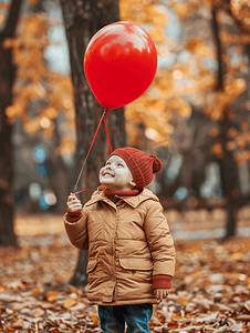 秋天公园里带着红气球的可爱孩子