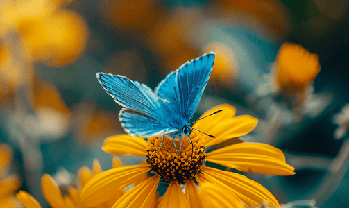 大自然中一只蓝色蝴蝶坐在黄花上的特写