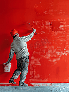 棕色手把摄影照片_画家正在把室内墙壁漆成红色