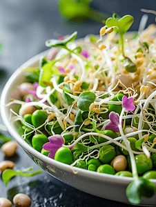 健康食品食品摄影照片_豌豆微绿芽和发芽豆素食健康食品沙拉的特写