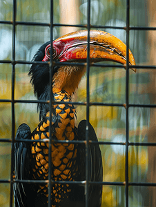 翅膀大翅膀摄影照片_巨大的笼子里美丽的盔犀鸟