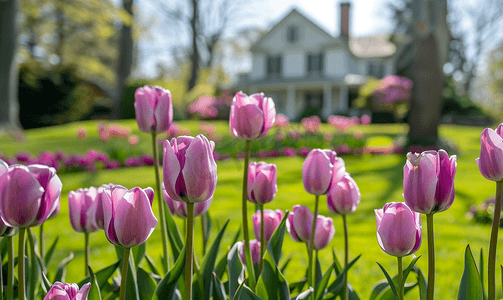 草坪和明亮的白色房子前的一群紫色郁金香