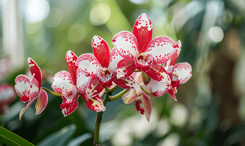 斑点红色摄影照片_红色和白色的兰花开花和盛开