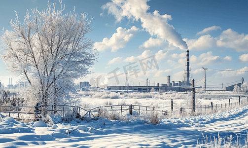 工厂门面摄影照片_工业类型景观与喇叭工业区在冬天