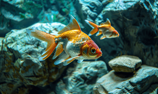 金鱼简图摄影照片_水下岩石背景下水族馆中的射线鳍金鱼鲤鱼家族