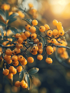 海沙棘浆果摄影照片_树枝上闪闪发亮的黄沙棘被太阳光照射