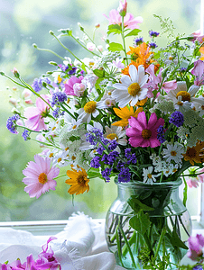 蓝色花束摄影照片_小屋花园花束为室内增添一抹色彩