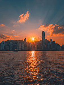 香港旅游摄影照片_日落时的香港维多利亚湾天际线