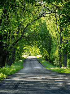 春季橡树下的乡村道路景观绿色隧道和空荡荡的柏油路