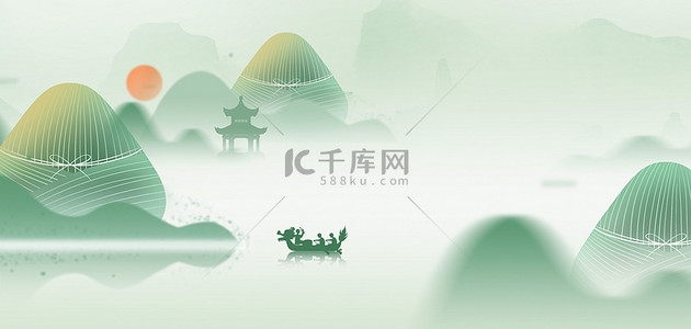 端午龙舟背景图片_绿色中国风端午节山水粽子背景