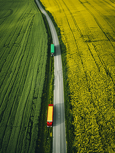 油菜田间道路上的红色和绿色卡车