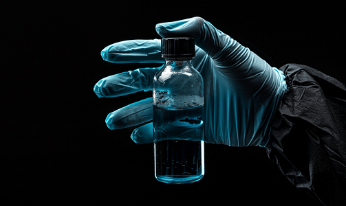 蓝色疫苗摄影照片_一位医生拿着一个装满蓝色液体的小瓶戴着乳胶手套用黑色隔离