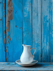 蓝色木质背景上的牛奶罐选择性焦点