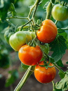 新鲜的绿色蔬菜摄影照片_菜园里长着绿色和红色的西红柿菜园里的新收获