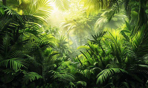 神秘背静摄影照片_热带森林景观有蕨类植物和绿叶树木