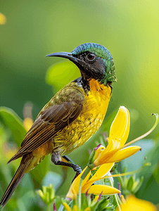 生态多样性摄影照片_橄榄背太阳鸟特写镜头中有黄花