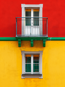 抽象建筑图案摄影照片_带绿色檐口的黄红色建筑