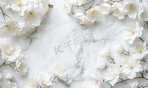 虚实边框摄影照片_大理石桌面视图和平躺风格的白花花框