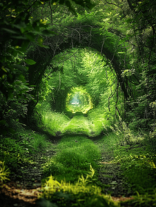 一条黑暗的绿色隧道引导着眼睛沿着小路走向远方