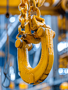 挂机两字头像摄影照片_工厂桥式起重机的黄色钩和链条