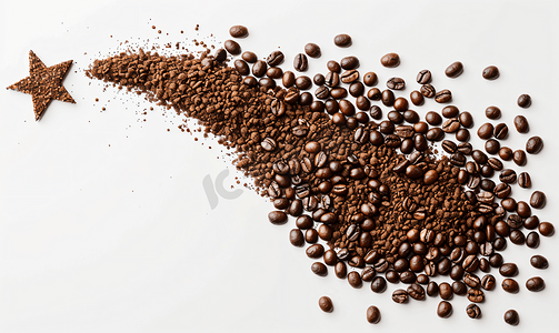 咖啡豆以彗星流星的形式排列在白色背景上