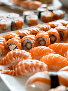 料理单页摄影照片_混合寿司卷和三文鱼刺身