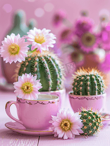 粉红色装饰卡通摄影照片_桌上可爱的仙人掌开着美丽的花