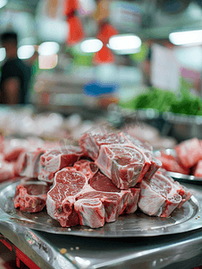 泰国市场不锈钢桌上的鲜猪肉