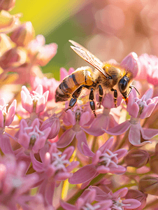 蜜蜂为粉红色普通乳草花授粉