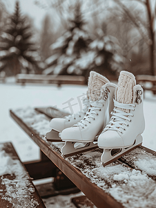 靴子摄影照片_白色花样滑冰鞋躺在棕色木凳上活跃的寒假健康生活方式