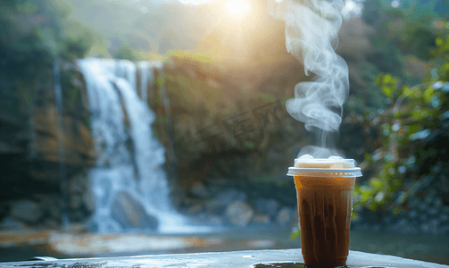 壶口瀑布手绘摄影照片_塑料杯中的冰咖啡和瀑布模糊背景的杆子上的蒸汽