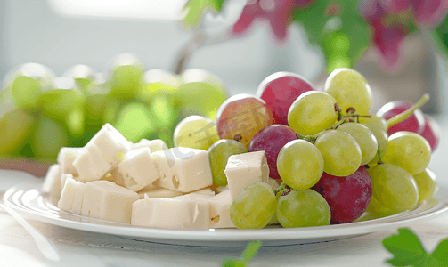 吃葡萄摄影照片_食品新鲜健康素食吃奶酪葡萄水果