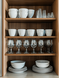 国潮年货首页摄影照片_厨房橱柜架子上的一套盘子、杯子、刀叉和酒杯