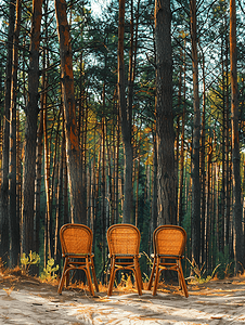 松树林背景上三把独特的椅子独特自然的概念符号
