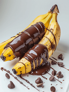 火锅美食背景摄影照片_香蕉巧克力涂层或香蕉浸巧克力