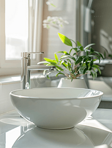 房子中摄影照片_昂贵浴室中带水龙头的白色陶瓷洗脸盆和水槽