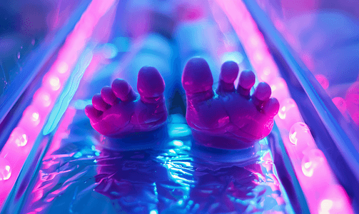 保育箱紫外线灯下的早产儿脚